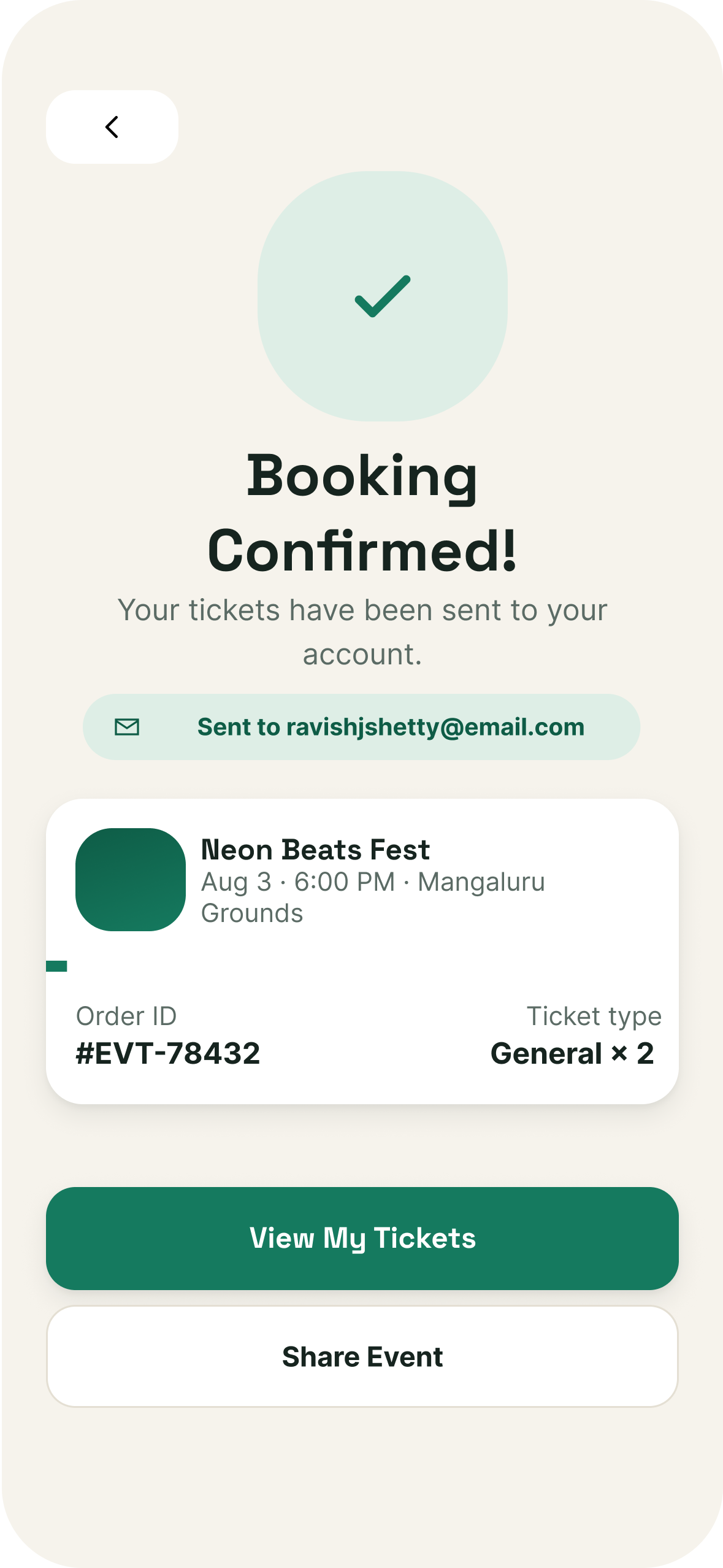Booking confirmed screen